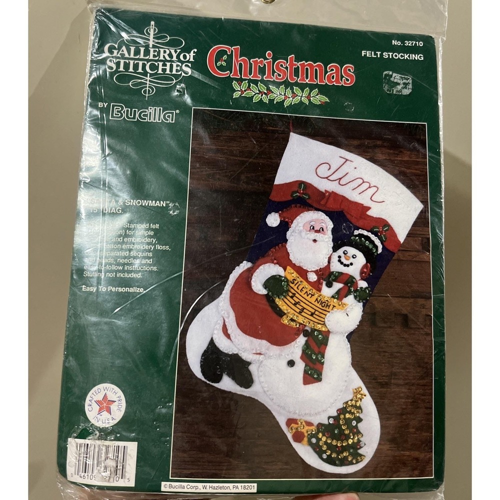 VTG Bucilla 32710 Santa Snowman Felt Christmas Stocking Kit Sequin 15" USA